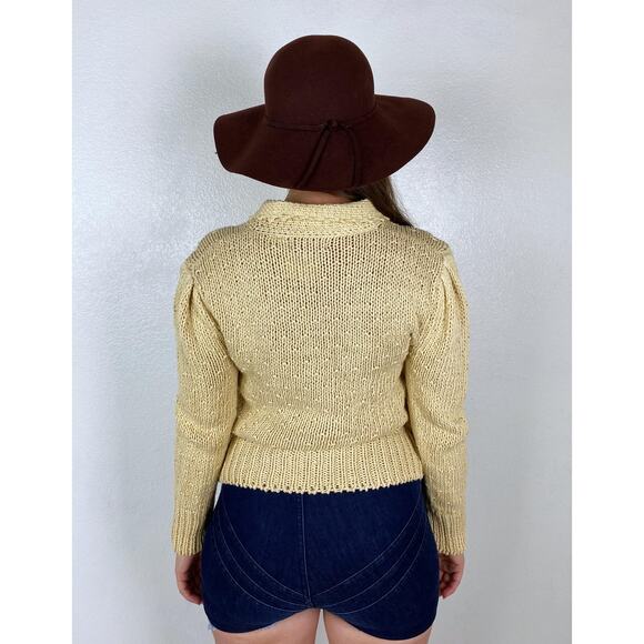 vintage 80s Beige PUFF SLEEVE Collared CARDIGAN S/Md sweater peasant Oktoberfest - Picture 10 of 10